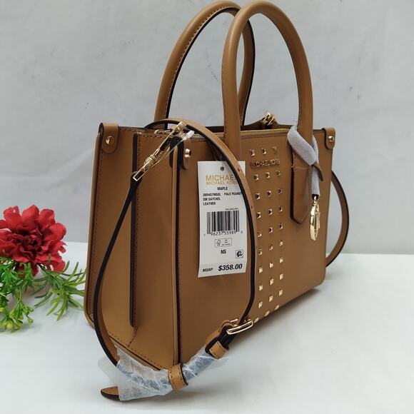 Michael Kors Maple Pinus Brown Leather Studded Top Handle Satchel Bag - NWT $358 - Picture 2 of 16